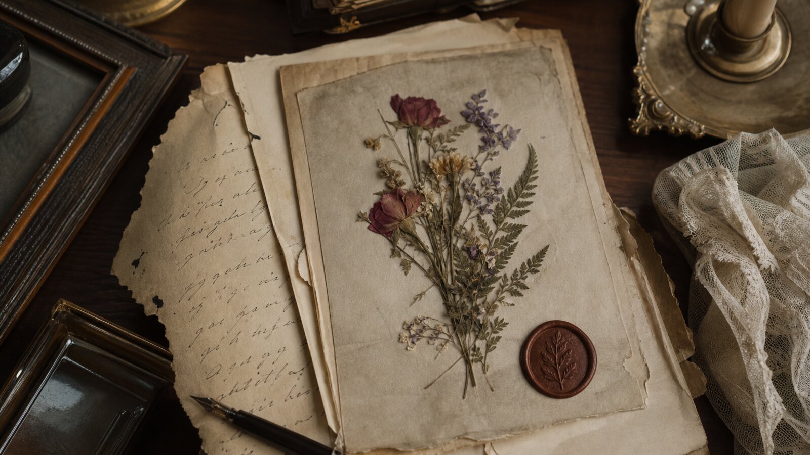 Naturaleza muerta victoriana con carta manuscrita y bouquet de flores prensadas sobre papel envejecido